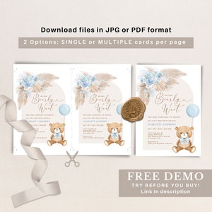 Teddy Bear Baby Shower Invitation, We Can Bearly Wait Baby Boy Editable Template, BR11 image 3