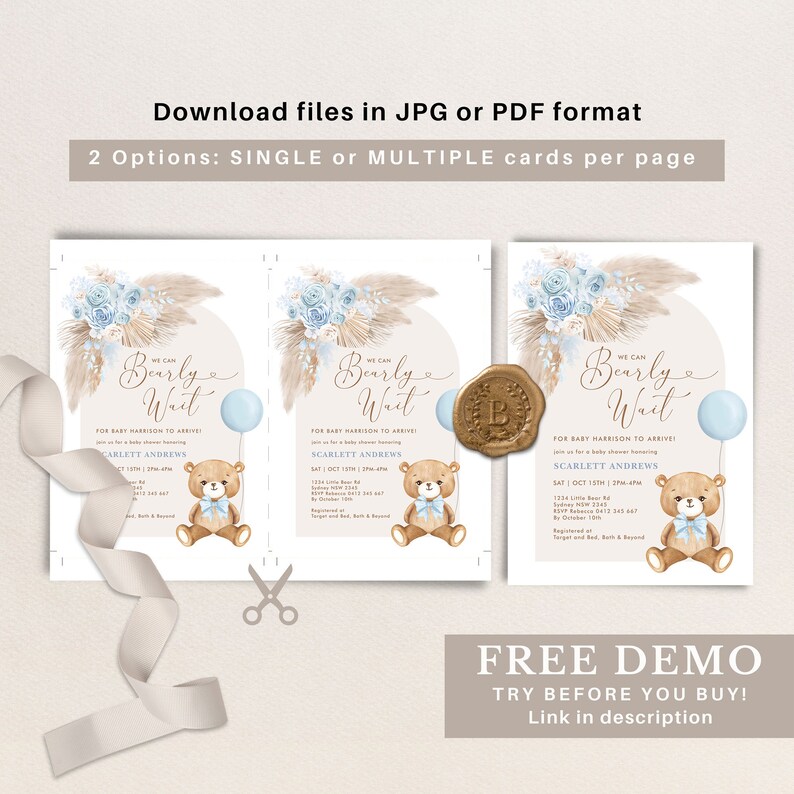 Teddy Bear Baby Shower Invitation, We Can Bearly Wait Baby Boy Editable Template, BR11 image 3