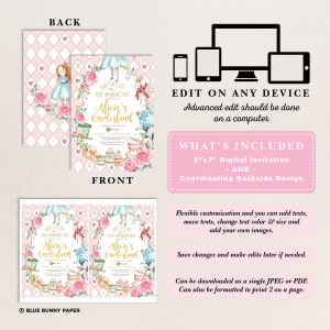 Peut inclure: Invitation num&eacute;rique sur le th&egrave;me d'Alice au pays des merveilles, avec des accents roses et dor&eacute;s. Le recto affiche "Alicia's Onederland" et des illustrations florales. Le verso pr&eacute;sente un motif en losanges roses et blancs. Invitation num&eacute;rique de 12,7 cm x 17,8 cm.