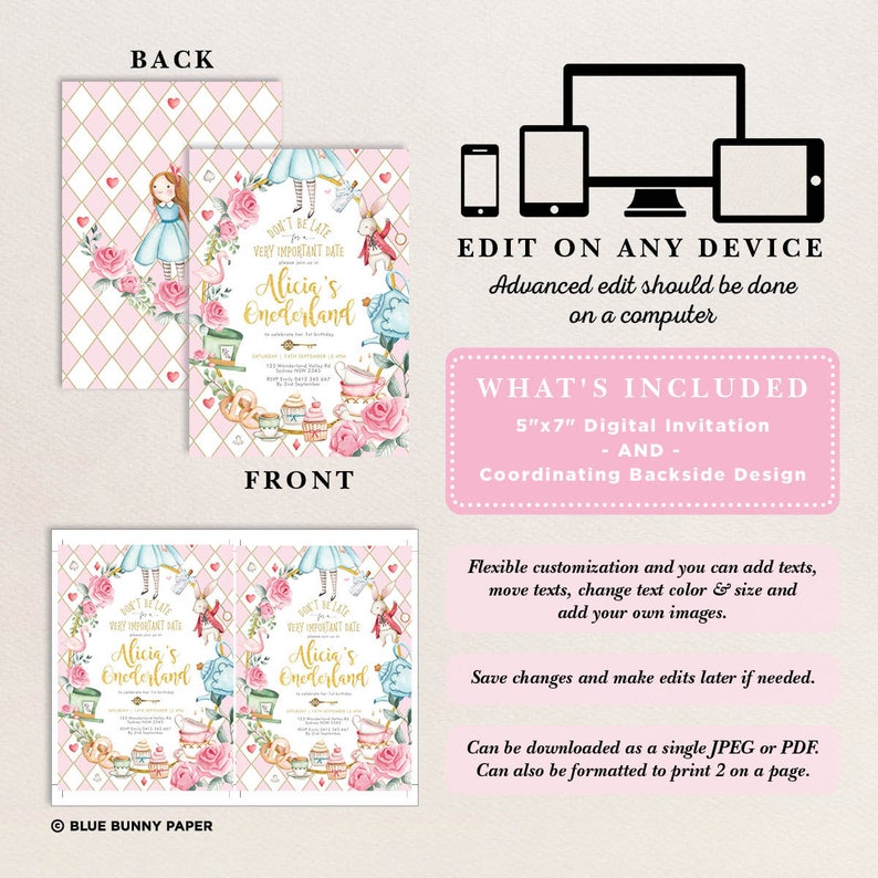 Peut inclure: Invitation num&eacute;rique sur le th&egrave;me d'Alice au pays des merveilles, avec des accents roses et dor&eacute;s. Le recto affiche "Alicia's Onederland" et des illustrations florales. Le verso pr&eacute;sente un motif en losanges roses et blancs. Invitation num&eacute;rique de 12,7 cm x 17,8 cm.