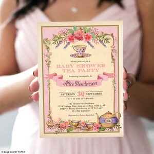 Vintage Tea Party Baby Shower Invitation Template, EDITABLE Sip and See Baby Girl Invite, Retro Chic High Tea Printable Download, TEA9 image 3