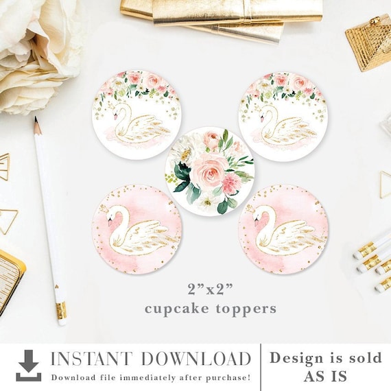 Swan Princess Baby Shower Decorations. Pink Gold Floral Swan Cupcake Toppers. Swan 1st Birthday Party Favor Tags INSTANT DOWNLOAD. SWAN1 Il_570xn