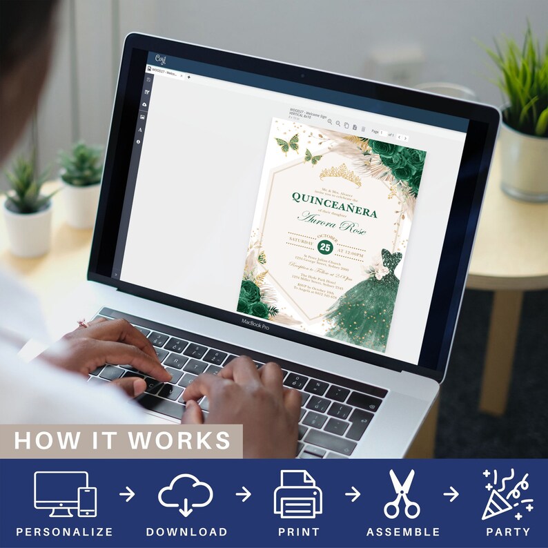 May include: A digital design for a Quincea&ntilde;era invitation. The invitation features a green and gold color scheme with a gold crown, butterflies, and a green dress. The text on the invitation reads "Quincea&ntilde;era Aurora Rose" and "Saturday, 25".