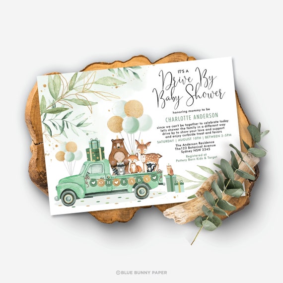 Editable Drive By Baby Shower Invitation. Woodland Animals Drive