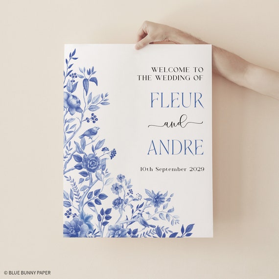 Delft Blue Wedding Welcome Sign Chinoiserie Floral Wedding Decorations Blue Willow Porcelain Printable Birds Peony EDITABLE TEMPLATE, BW1 Il_570xn