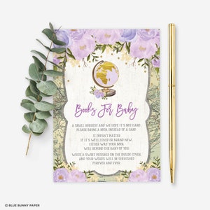 Libri di viaggio vintage per baby shower per biglietti per bambini, floreale viola portare un inserto di libro, vecchia mappa stampabile di lavanda DOWNLOAD immediato, TRA4