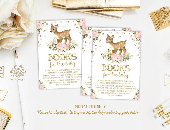Woodland Deer Baby Shower. Books for Baby Girl Invitation Insert. Pink Gold Bring a Book Card. Pastel Blush Pink Floral Fawn Shower. DEER5 Il_570xn