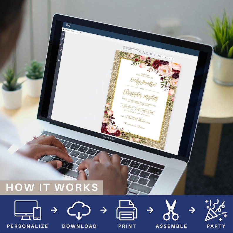 May include: A laptop screen displaying a wedding invitation template with a gold glitter background and floral design. The text on the invitation reads "Together with their families, Emily Harrison and Christopher Mitchell request the honour of your presence at their exchange of vows." The invitation also includes the date, time, and location of the wedding.