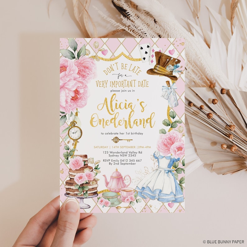 Invitation d'anniversaire d'Alice au pays des merveilles en or rose, Onederland Girl 1st Birthday Invite, Mad Hatter Tea Party EDITABLE Template Download, AL3 image 1