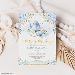 Boy Baby Shower Tea Party Invitation, Baby is Brewing Baby Brunch Invite, Blue Gold Floral Par-Tea Printable Editable Template, FLO43 image 6