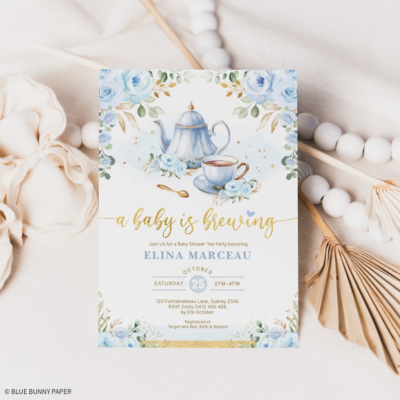 Boy Baby Shower Tea Party Invitation, Baby is Brewing Baby Brunch Invite, Blue Gold Floral Par-Tea Printable Editable Template, FLO43 image 6