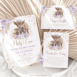 Lila Heilige Kuh-Babyparty-Einladungs-Bündel Boho Kuh-Baby-Mädchen laden Set Muted Pampas Buch Anfrage Windel Verlosung EDITIERBARE VORLAGEN, CW1