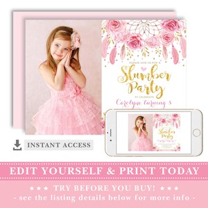 Slumber Party Pink Roses Dreamcatcher Invitation Template. EDITABLE Boho Sleepover Birthday Printable Invite. Pink Gold Floral. BOHO4 image 2