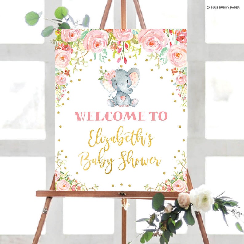 Girl Elephant Baby Shower Welcome Sign, Elephant Wild One 1st Birthday Decorations, Pink Gold Floral Little Peanut, EDITABLE TEMPLATE, ROSE2 image 1