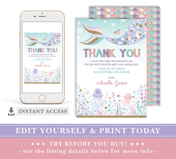 Watercolour Pink Gold Floral Mermaid Party Thank You Cards Watercolour Pink Gold Floral Mermaid Party Thank You Cards
