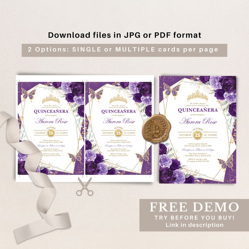 May include: Purple and gold quincea&ntilde;era invitations with floral and butterfly accents. The design includes the text "QUINCEA&Ntilde;ERA Aurora Rose" and event details. The image also shows a wax seal and the text "FREE DEMO".