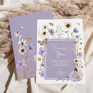Cartão de agradecimento da Fada Roxa, Fada Encantada, Primeiro Aniversário, Festa no Jardim, Lembrancinhas para Imprimir, Lavanda, Boho, Flores Silvestres, Editável, Download FA6