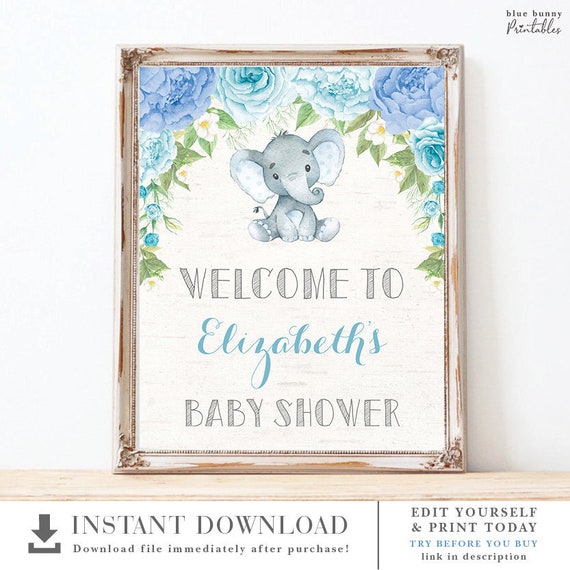 Editable Boy Elephant Baby Shower Welcome Sign Blue Floral Etsy