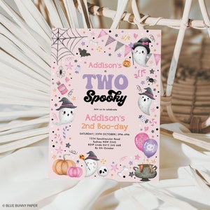 May include: Pink and purple Halloween party invitation with a ghost and the text "Addison's Two Spooky 2nd Boo-day". The invitation includes details for the party, including the date, time, location, and RSVP information.