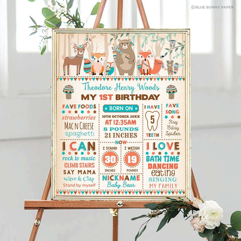 Tribal Woodland 1st Birthday Milestone Poster. Wild One Forest Animals Birthday Chalkboard Printable Sign. EDITABLE TEMPLATE. TRI2 image 1