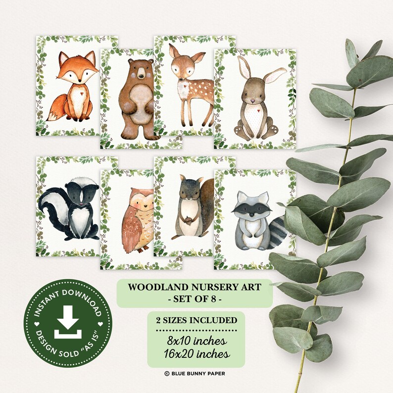Woodland Nursery Prints Set of 8. Greenery Forest Animals Printable ...