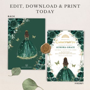 May include: Green and gold Quincea&ntilde;era invitation with a floral design and a silhouette of a girl in a green dress. The text reads "Please join us for a Quincea&ntilde;era to celebrate the 15th birthday of Aurora Grace. Saturday August 15th | 2:00PM The Hyde Park Hotel 1254 Miller Street, Sydney 2545 RSVP by October 10th to Angela at 0412 345 678 Hosted by the Williams Family"