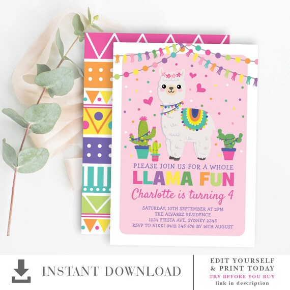 Girly Pink Llama Birthday EDITABLE INVITATION. Fiesta Llama Party Downloadable Template. Alpaca Printable Invite. Instant Download. ALP3 Il_570xn