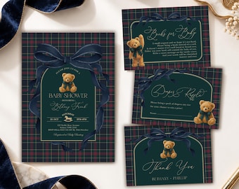 Vintage Navy Plaid Teddy Bear Baby Shower Invitation Bundle: Polo Bow Bear Editable Templates, BR14
