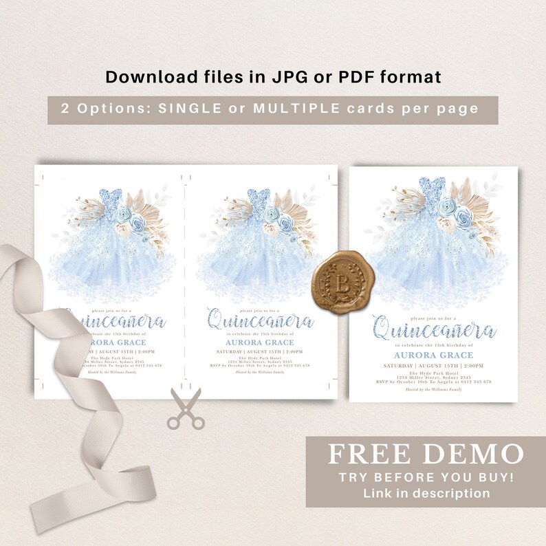 May include: A Quincea&ntilde;era invitation template with a blue and gold dress design. The text reads "Please join us for a Quincea&ntilde;era to celebrate the 15th birthday of Aurora Grace. Saturday, August 13th | 2:00PM. The Bride Park Ranch, 1250 Miller Rd,  Santa Ana, CA 92705. RSVP by December 1st with a headcount to (555) 555-5555. Hosted by the Williams Family."