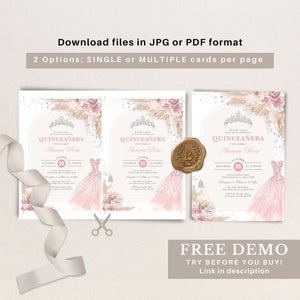 May include: A digital printable invitation for a Quincea&ntilde;era celebration. The invitation features a pink and white dress, a crown, and floral accents. The text on the invitation reads "Quincea&ntilde;era Aurora Rose" and "Saturday, October 25 at 12:00PM".