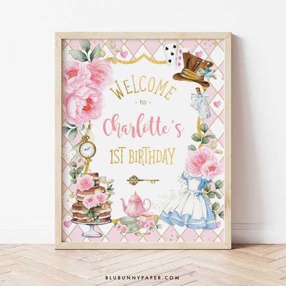 Alice in Wonderland Welcome Sign Pink Gold Mad Hatter Onederland