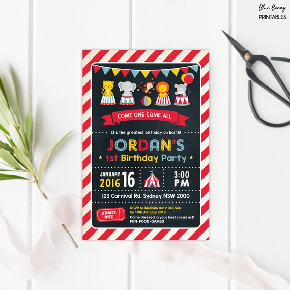 Circus First Birthday Invitation. Carnival Party Printable Invite. Chalkboard. Retro Cute Woodland Animals. Jungle Friends nvite. CAR3 Il_570xn