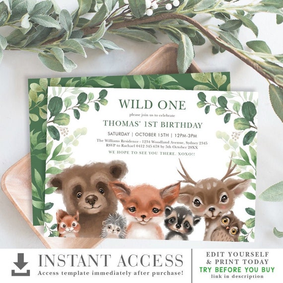 Woodland Animals 1st Birthday Invitation. Wild One Printable Invite. Greenery Forest EDITABLE TEMPLATE. WOOD28 Il_570xn
