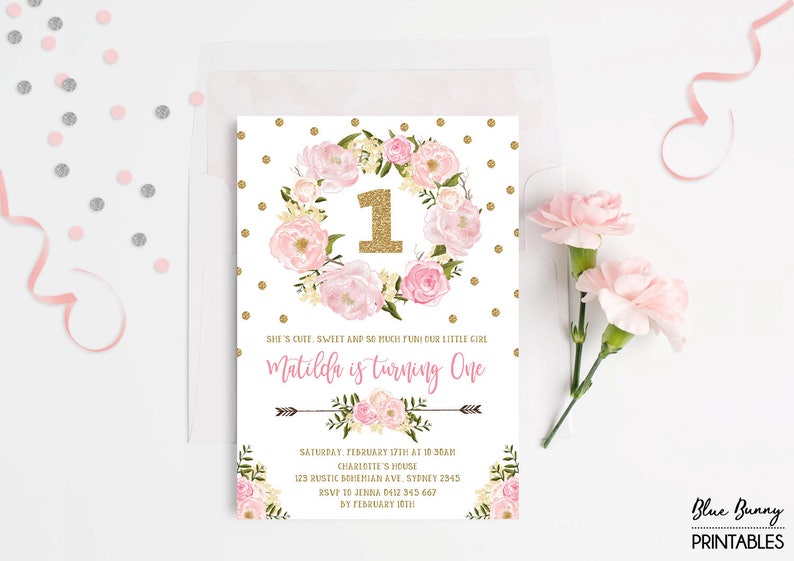 Blush Floral Wreath Pink Gold Confetti Glitter Party Invite Boho Wild One Girls Birthday FLO18A Pink and Gold First 1st Birthday Invitation