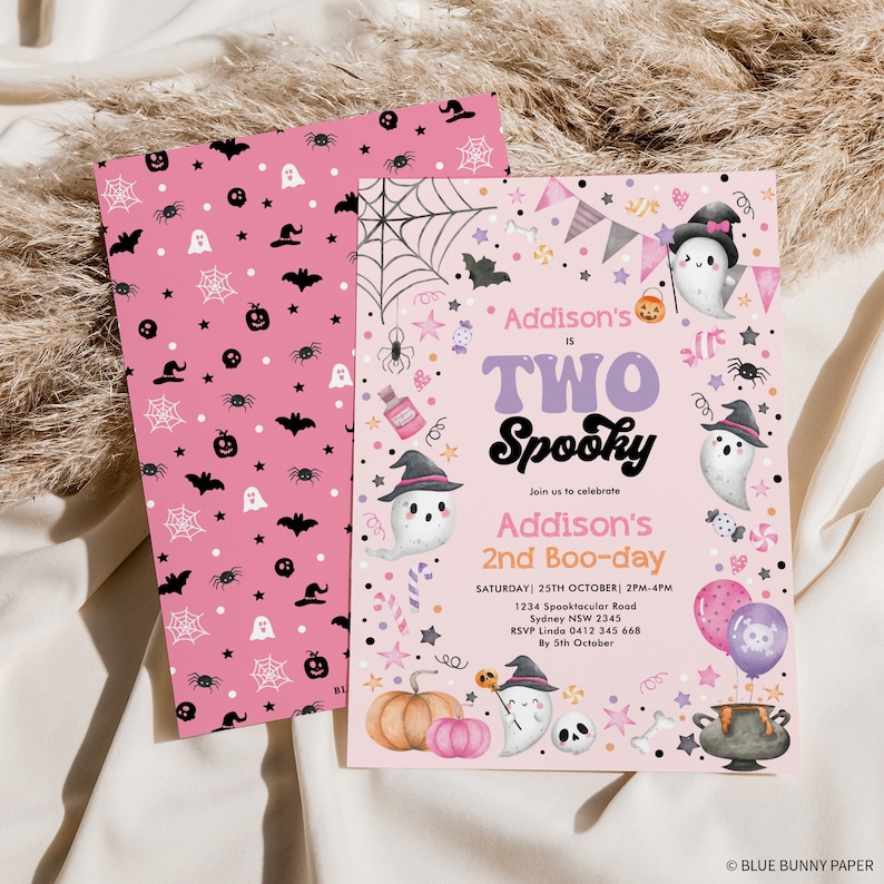 May include: Pink and purple Halloween party invitation with a ghost wearing a witch's hat and holding a candy cane. The text reads "Addison's is Two Spooky" and "Join us to celebrate Addison's 2nd Boo-day".