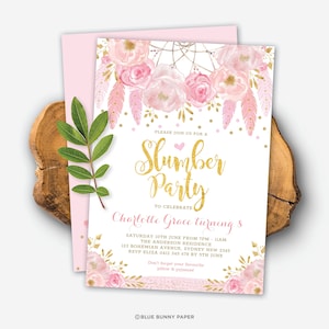 Schlummerparty. Pink Floral Dreamcatcher Sleepover Geburtstag EDITIERBARE Einladungsvorlage. Erröten Rosa Gold Blumen Tribal Geburtstag. BOHO3