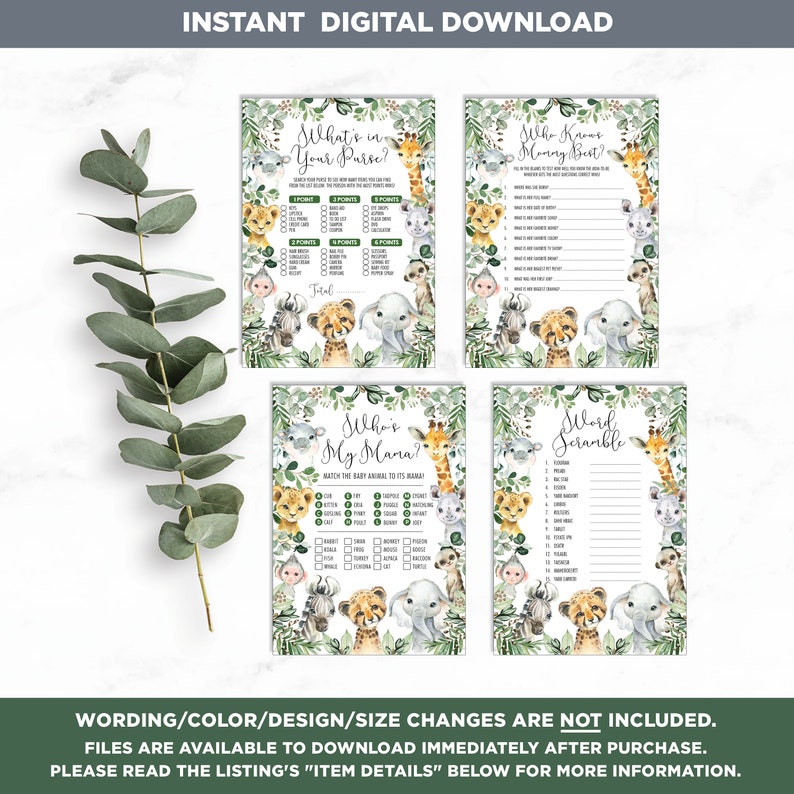 Rustic Safari Baby Shower Games Bundle. Greenery Jungle Animals Baby Shower Games Printable. INSTANT DOWNLOAD. JUN13 image 4