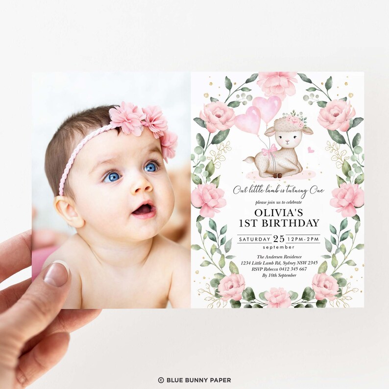 May include: A pink and green floral first birthday invitation with a cute lamb holding pink balloons. The invitation includes the text "Our little lamb is turning one" and "Olivia's 1st Birthday".