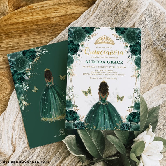 Emerald Green Quinceañera Invitation Brown Skin Princess Mis Quince