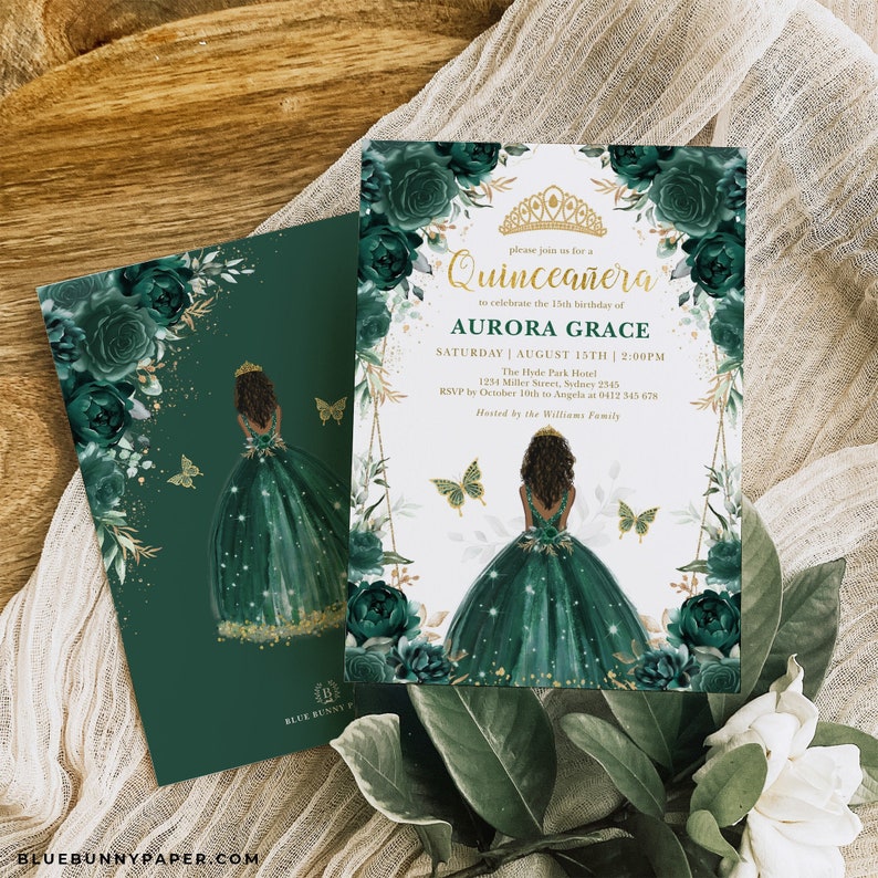 May include: A green and gold Quincea&ntilde;era invitation with a floral design and a silhouette of a woman in a green dress. The text reads "Please join us for a Quincea&ntilde;era to celebrate the 15th birthday of Aurora Grace. Saturday | August 15th | 2:00PM The Hyde Park Hotel 1234 Miller Street, Sydney 2345 RSVP by October 10th to Angela at 0412 345 678. Hosted by the Williams Family."