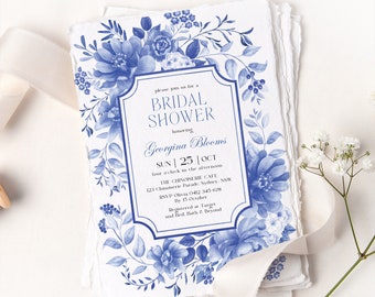 Blue Willow Chinoiserie Bridal Shower Invitation, Blue White Porcelain Wedding Shower Invite, Floral Garden EDITABLE TEMPLATE Download, BW1