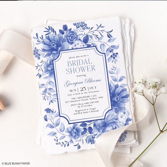 Blue Willow Chinoiserie Bridal Shower Invitation, Blue White Porcelain Wedding Shower Invite, Floral Garden EDITABLE TEMPLATE Download, BW1 Il_570xn