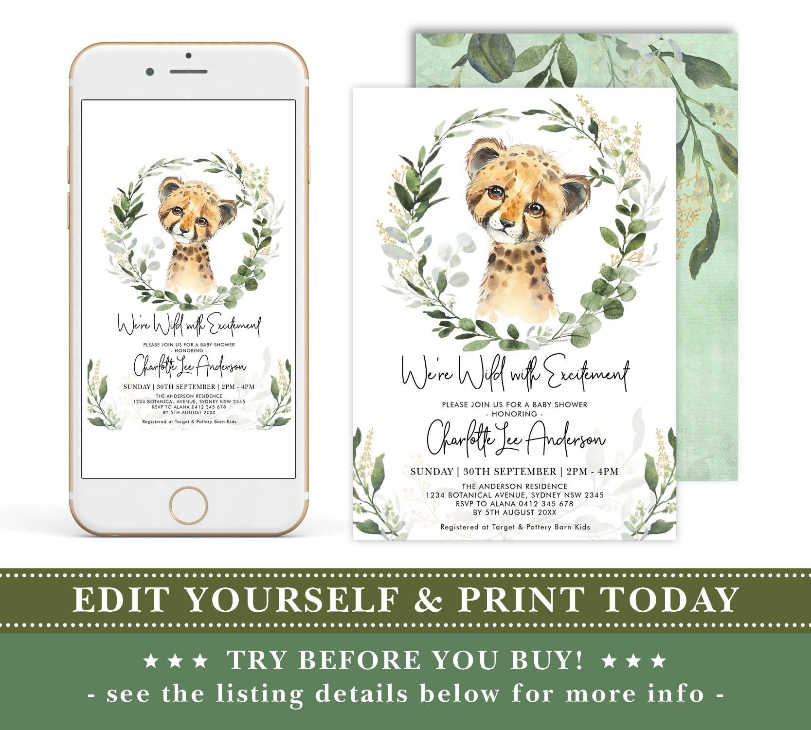Editable Cheetah Baby Shower Invitation Safari Leopard | Etsy