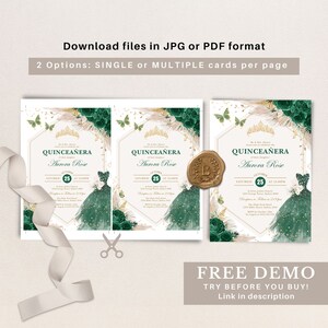 May include: A Quincea&ntilde;era invitation with a green and gold design. The invitation features a watercolor illustration of a green dress with gold glitter, butterflies, and feathers. The text on the invitation reads "Quincea&ntilde;era Aurora Rose" and "Saturday 25 at 12:00PM".
