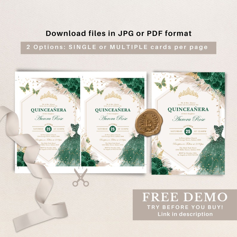 May include: A Quincea&ntilde;era invitation with a green and gold design. The invitation features a watercolor illustration of a green dress with gold glitter, butterflies, and feathers. The text on the invitation reads "Quincea&ntilde;era Aurora Rose" and "Saturday 25 at 12:00PM".