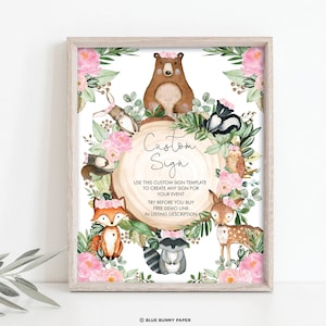 Modello di cartello per baby shower ragazza nel bosco fai da te, cartello di benvenuto per festa di compleanno di animali della foresta modificabile, download istantaneo floreale rosa, WOOD25