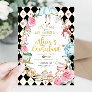 May include: An Alice in Wonderland themed invitation card. The design includes illustrations of a flamingo, roses, a teapot, and a white rabbit. The card's text reads "Alicia's Onederland" and event details.