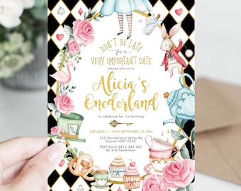 Alice in Wonderland Invitation Template, Onederland 1st Birthday Mad Tea Party, EDITABLE TEMPLATE, AL1