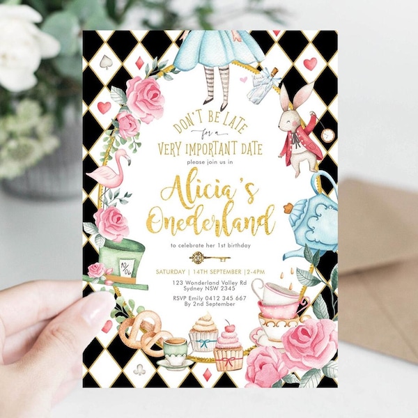 Alice im Wunderland Einladung Vorlage, Onederland 1. Geburtstag Mad Tea Party, EDITIERBARE VORLAGE, AL1