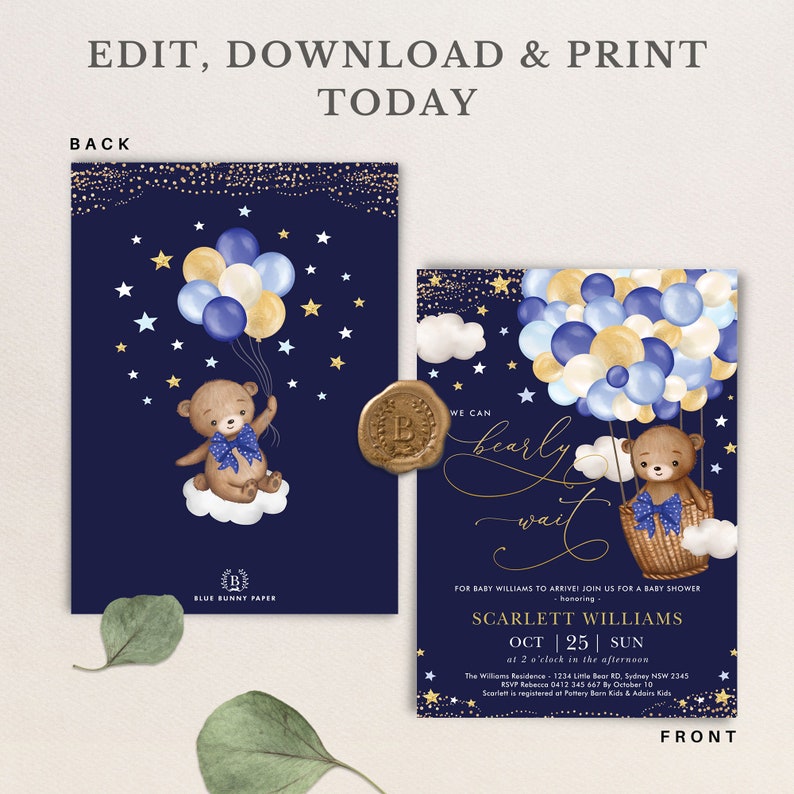 Editable Teddy Bear Baby Shower Invitation Navy Gold We Can Bearly Wait ...